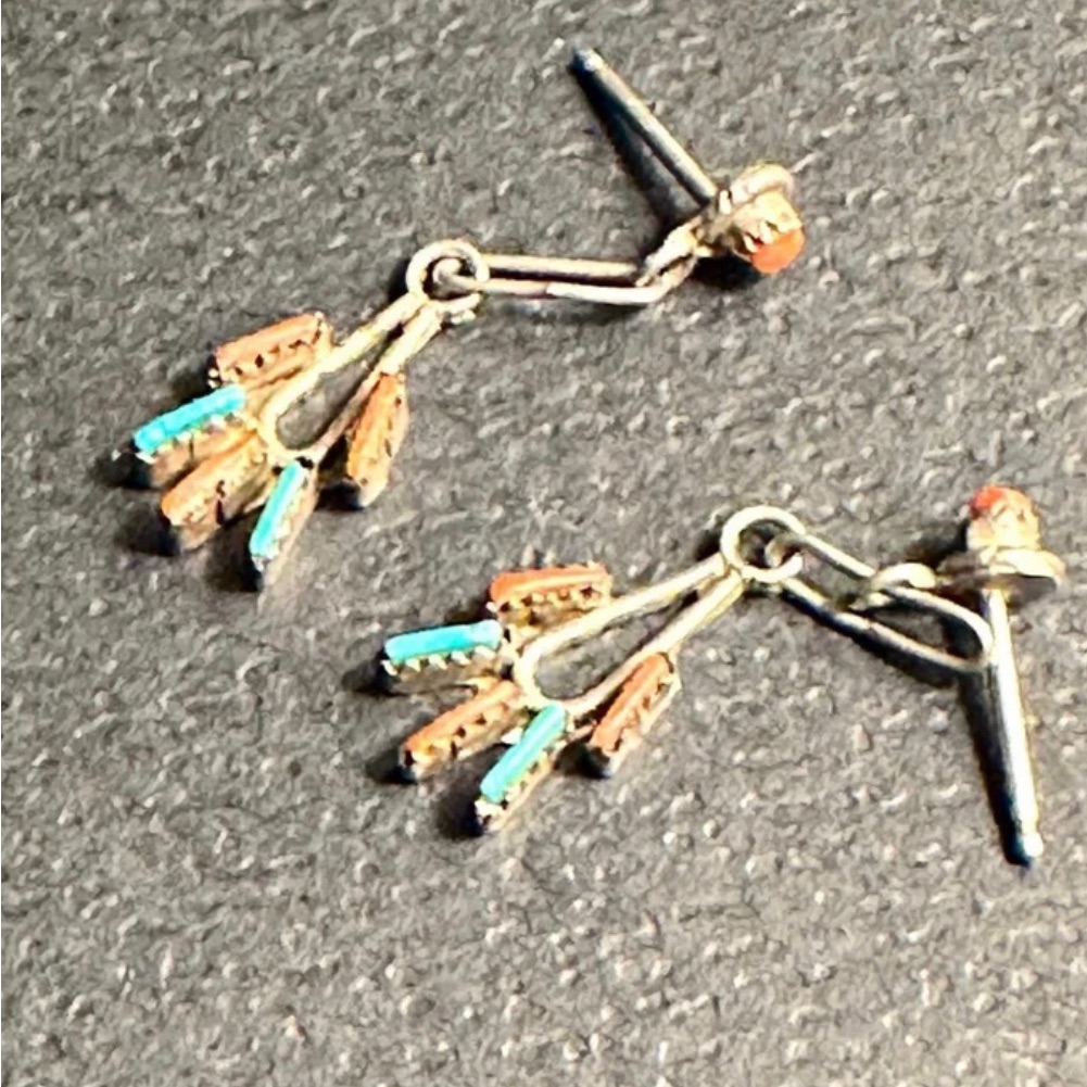 Vintage Zuni Sterling Linked Dangle Earrings With Turquoise & Spiny Oyster